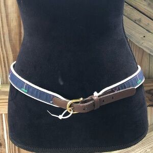 Golf Theme Canvas Blue Ribbon Belt Dark Brown Leather Ends & Brass Buckle XL